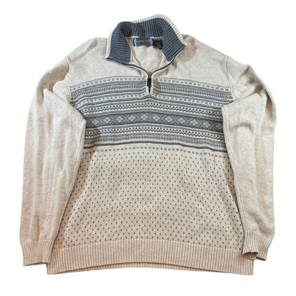 Oscar De La Renta Beige & Gray 1/4 Zip Sweater XL 100% Cotton Knit Mens Pullover